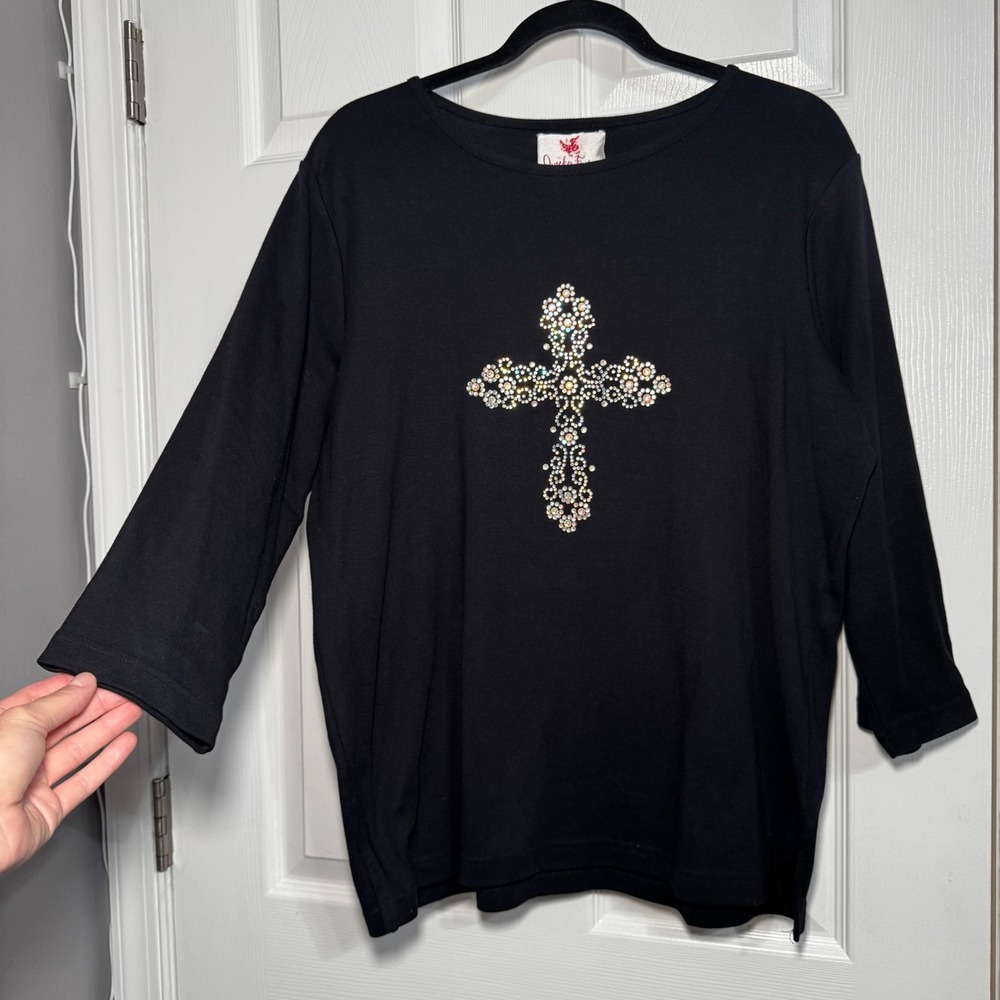 VTG Quacker Factory Black Rhinestone Cross Top Womens L 3/4 Sleeve Cotton Shirt